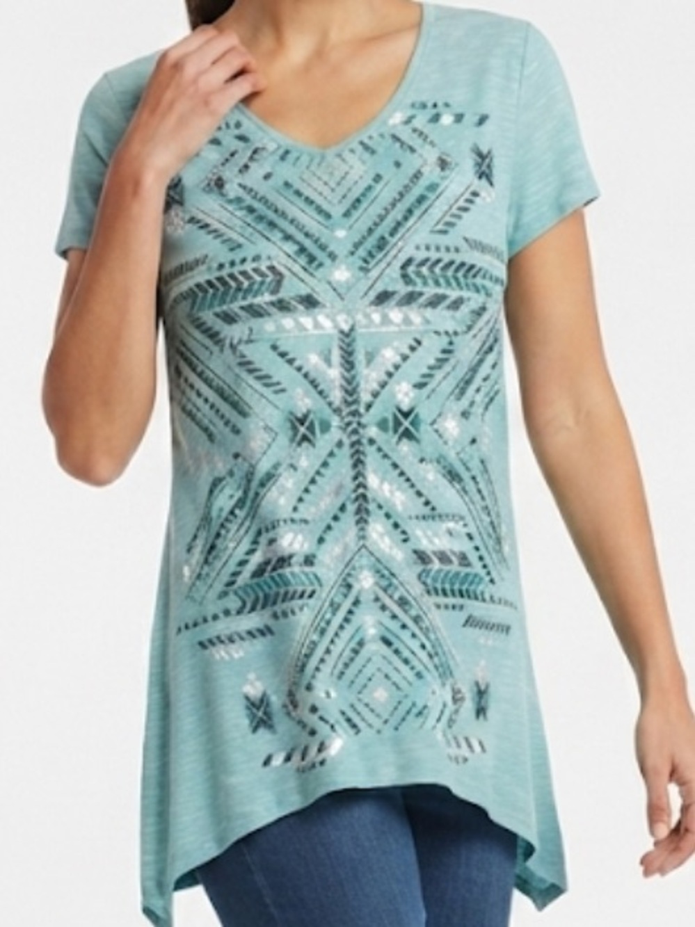 Signature Studio Y2K Greenish Short Sleeve V-Neck Tunic with Metallic Detail XL